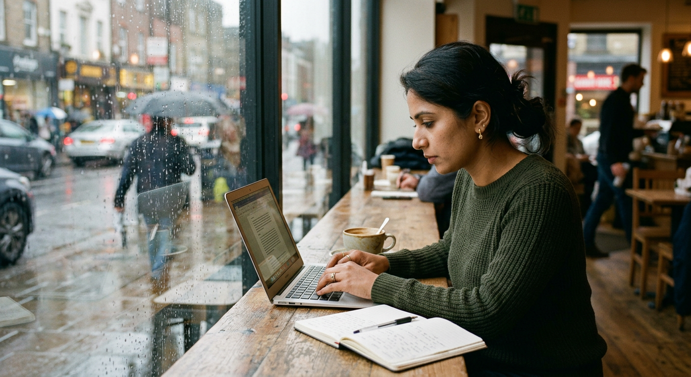 A writer working on a laptop at a cafe window