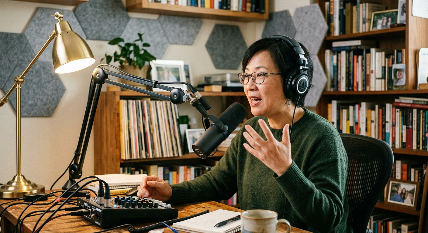 A podcaster speaking into a microphone in her home office